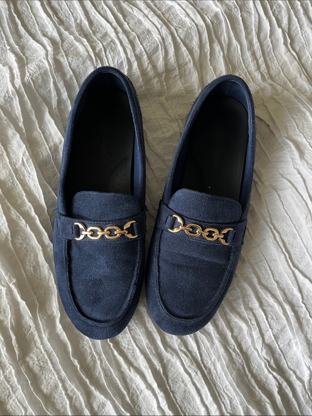 Navy Suede Loafers with Gold Chain Accent